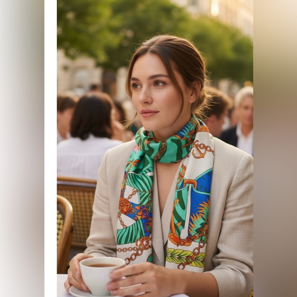 Vibrant Blue and Green Scarves with Botanical and Geometric Designs